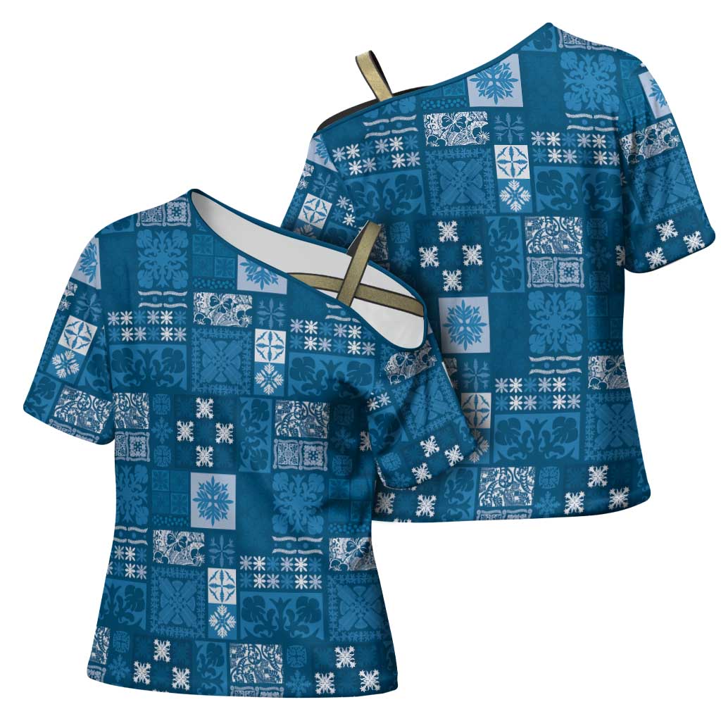Vintage Hawaiian Quilting Patterns Cross Shoulder Shirt Blue Style Tribal Fabric Patchwork LT9 - Polynesian Pride