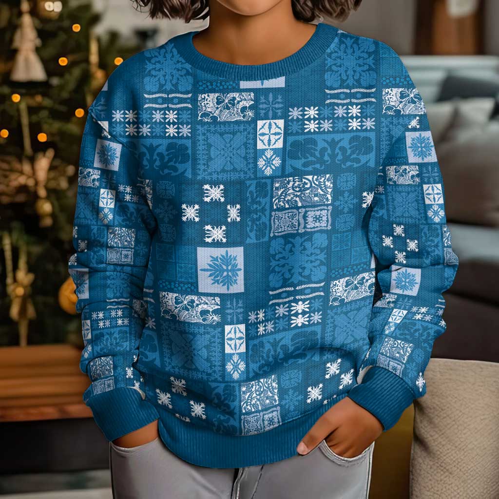Vintage Hawaiian Quilting Patterns Kid Ugly Christmas Sweater Blue Style Tribal Fabric Patchwork LT9 - Polynesian Pride