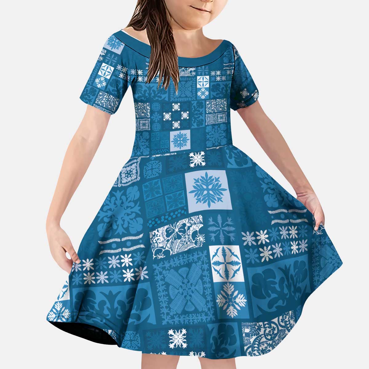 Vintage Hawaiian Quilting Patterns Kid Short Sleeve Dress Blue Style Tribal Fabric Patchwork LT9 KID Blue - Polynesian Pride