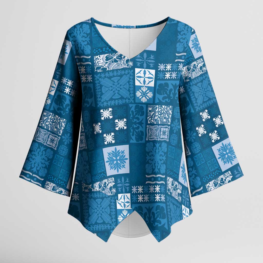 Vintage Hawaiian Quilting Patterns Kimono Sleeve Blouse Blue Style Tribal Fabric Patchwork LT9 Female Blue - Polynesian Pride
