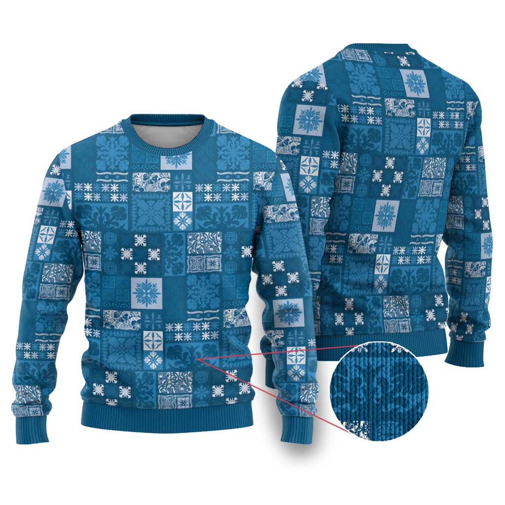Vintage Hawaiian Quilting Patterns Ugly Christmas Sweater Blue Style Tribal Fabric Patchwork LT9 Blue - Polynesian Pride