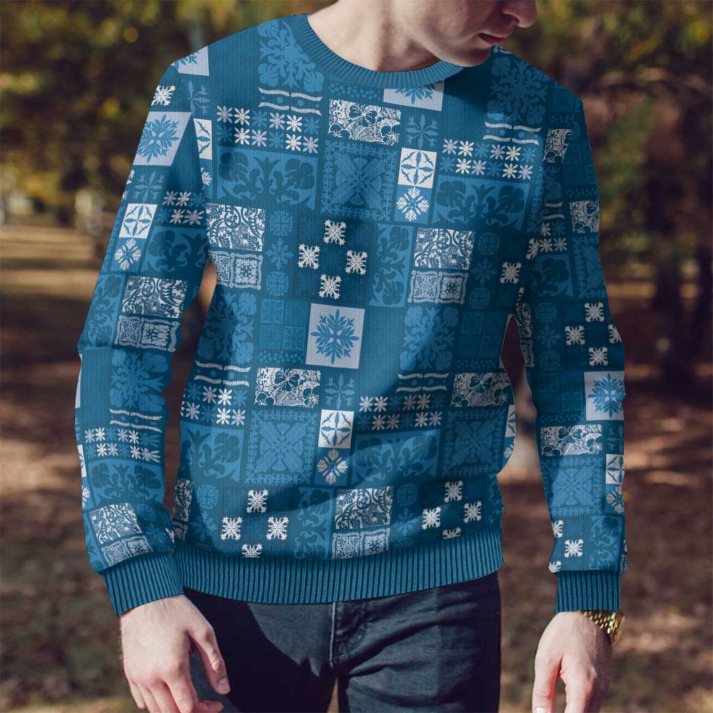 Vintage Hawaiian Quilting Patterns Ugly Christmas Sweater Blue Style Tribal Fabric Patchwork LT9 - Polynesian Pride