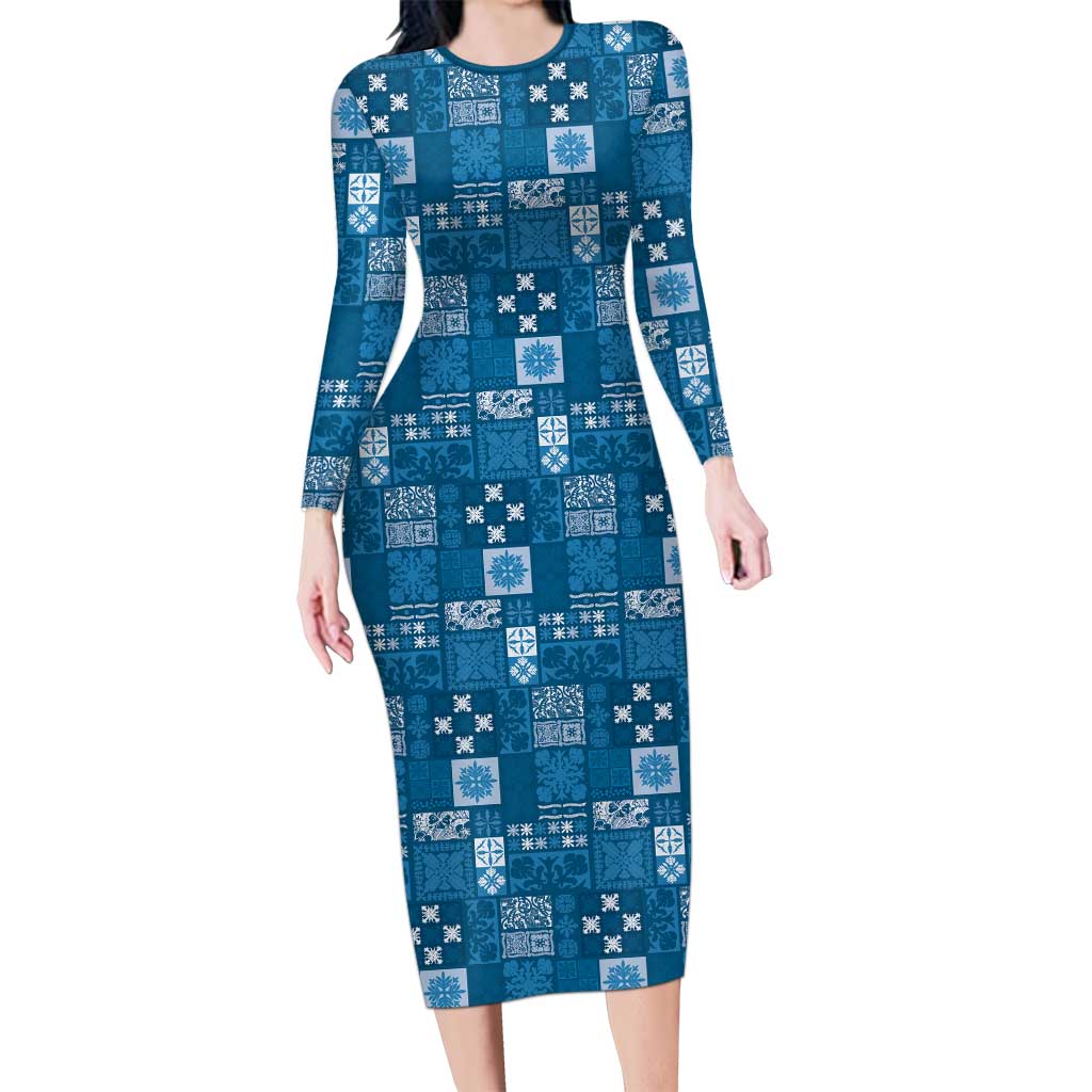 Vintage Hawaiian Quilting Patterns Long Sleeve Bodycon Dress Blue Style Tribal Fabric Patchwork LT9 Long Dress Blue - Polynesian Pride