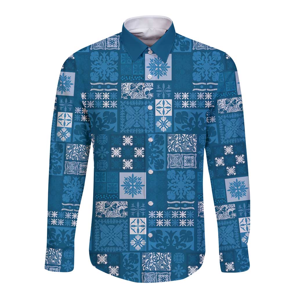 Vintage Hawaiian Quilting Patterns Long Sleeve Button Shirt Blue Style Tribal Fabric Patchwork LT9 Unisex Blue - Polynesian Pride