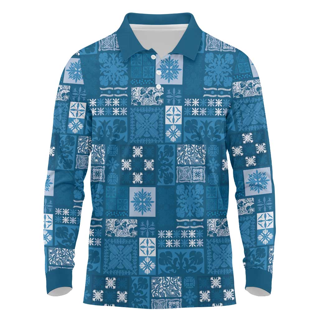Vintage Hawaiian Quilting Patterns Long Sleeve Polo Shirt Blue Style Tribal Fabric Patchwork LT9 Blue - Polynesian Pride