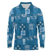 Vintage Hawaiian Quilting Patterns Long Sleeve Polo Shirt Blue Style Tribal Fabric Patchwork LT9 Blue - Polynesian Pride