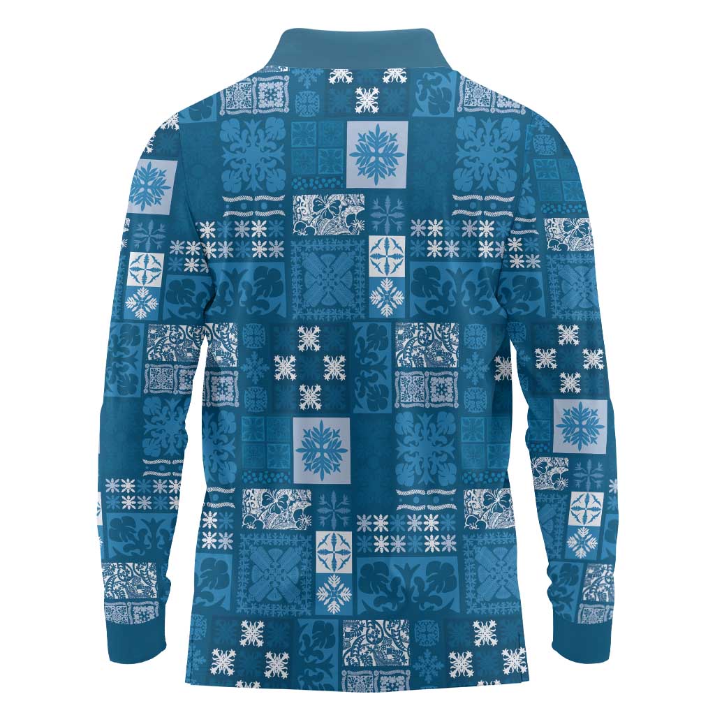 Vintage Hawaiian Quilting Patterns Long Sleeve Polo Shirt Blue Style Tribal Fabric Patchwork LT9 - Polynesian Pride