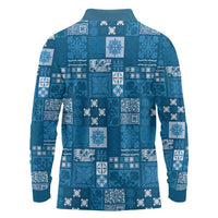 Vintage Hawaiian Quilting Patterns Long Sleeve Polo Shirt Blue Style Tribal Fabric Patchwork LT9 - Polynesian Pride