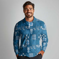 Vintage Hawaiian Quilting Patterns Long Sleeve Polo Shirt Blue Style Tribal Fabric Patchwork LT9 - Polynesian Pride