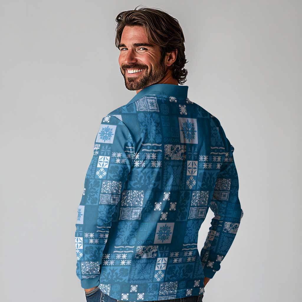 Vintage Hawaiian Quilting Patterns Long Sleeve Polo Shirt Blue Style Tribal Fabric Patchwork LT9 - Polynesian Pride