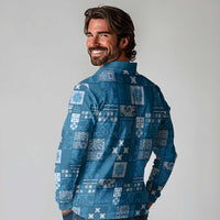 Vintage Hawaiian Quilting Patterns Long Sleeve Polo Shirt Blue Style Tribal Fabric Patchwork LT9 - Polynesian Pride