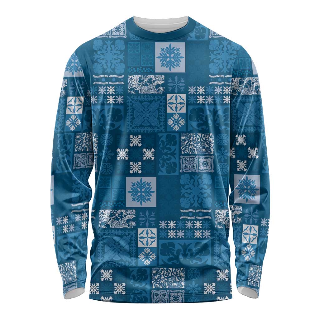 Vintage Hawaiian Quilting Patterns Long Sleeve Shirt Blue Style Tribal Fabric Patchwork LT9 Unisex Blue - Polynesian Pride