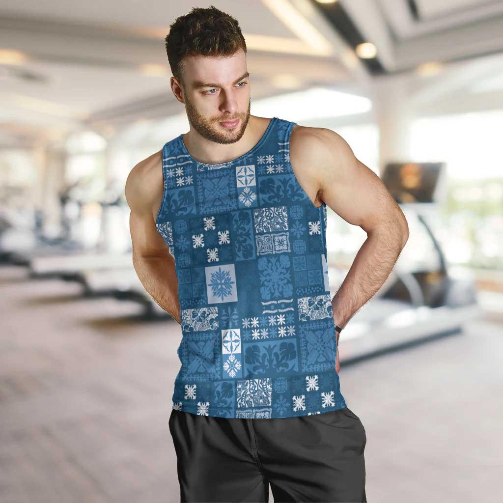 Vintage Hawaiian Quilting Patterns Men Tank Top Blue Style Tribal Fabric Patchwork LT9 Blue - Polynesian Pride