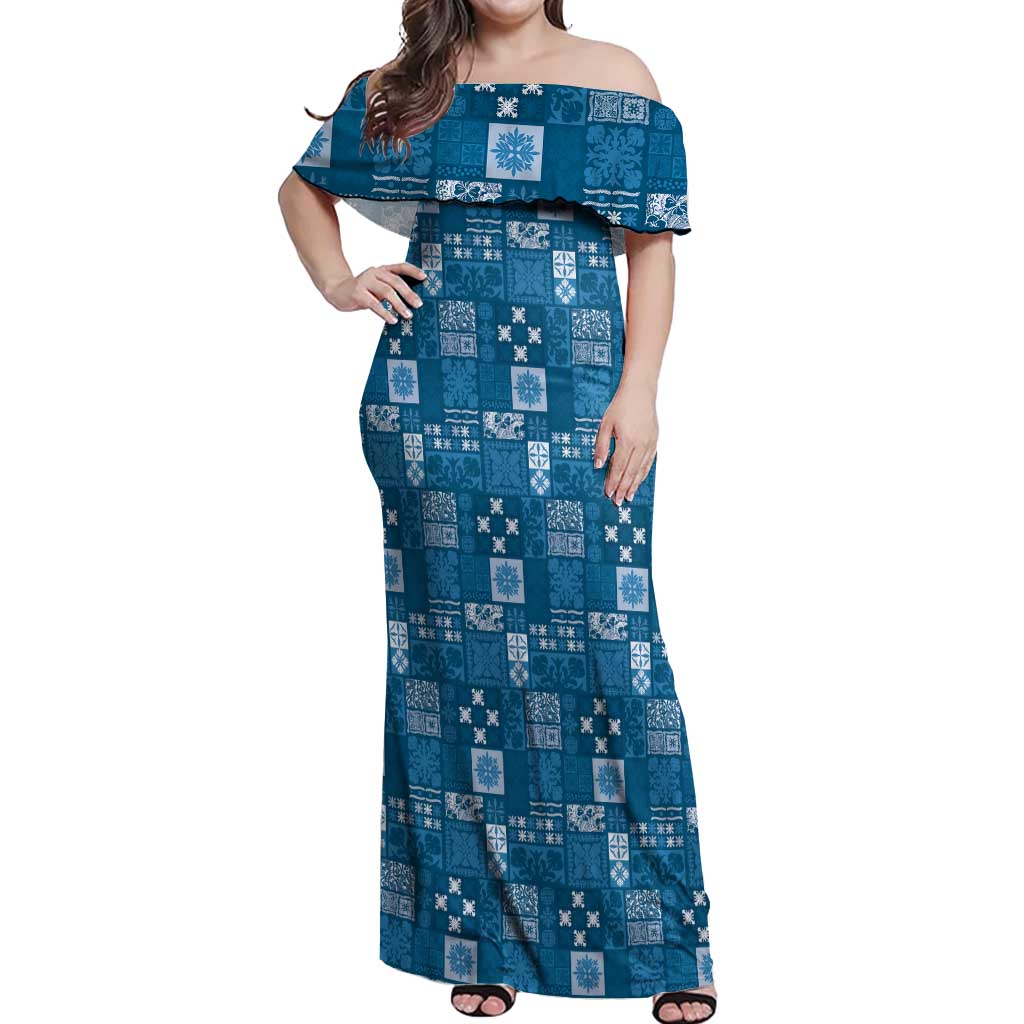 Vintage Hawaiian Quilting Patterns Off Shoulder Maxi Dress Blue Style Tribal Fabric Patchwork LT9 Women Blue - Polynesian Pride
