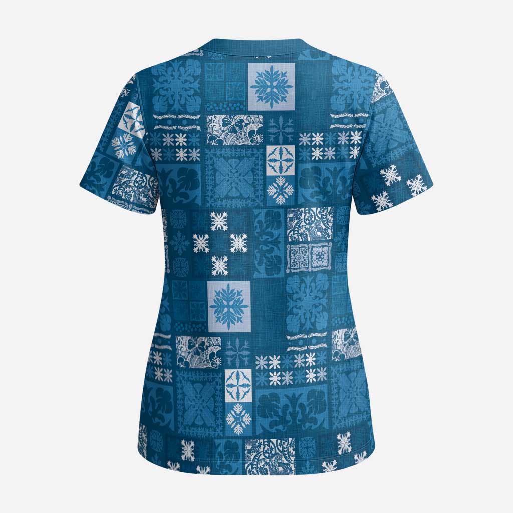 Vintage Hawaiian Quilting Patterns Scrub Top Blue Style Tribal Fabric Patchwork LT9 - Polynesian Pride
