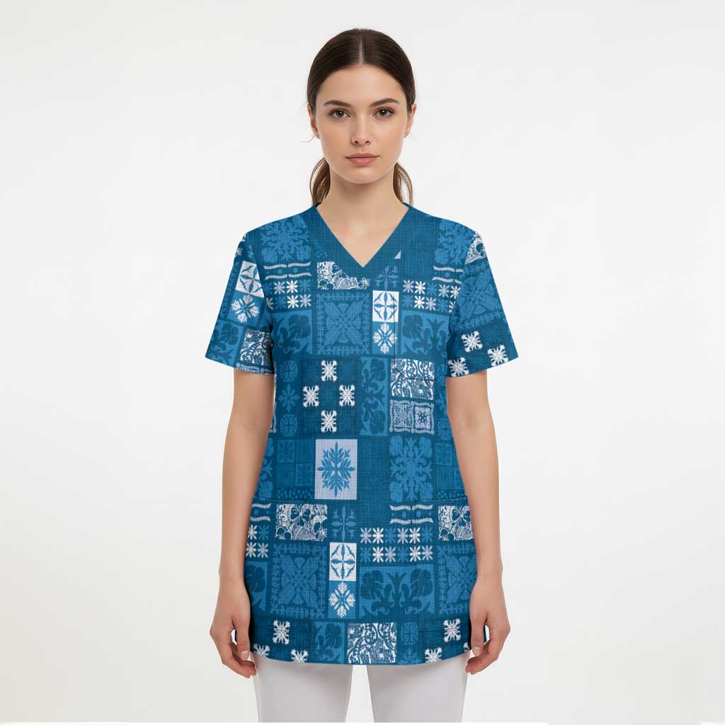 Vintage Hawaiian Quilting Patterns Scrub Top Blue Style Tribal Fabric Patchwork LT9 - Polynesian Pride