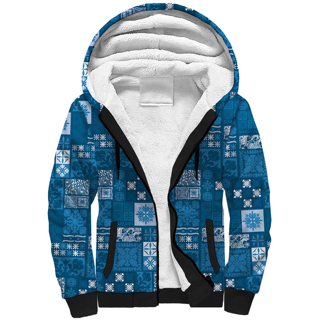 Vintage Hawaiian Quilting Patterns Sherpa Hoodie Blue Style Tribal Fabric Patchwork LT9 Unisex Blue - Polynesian Pride