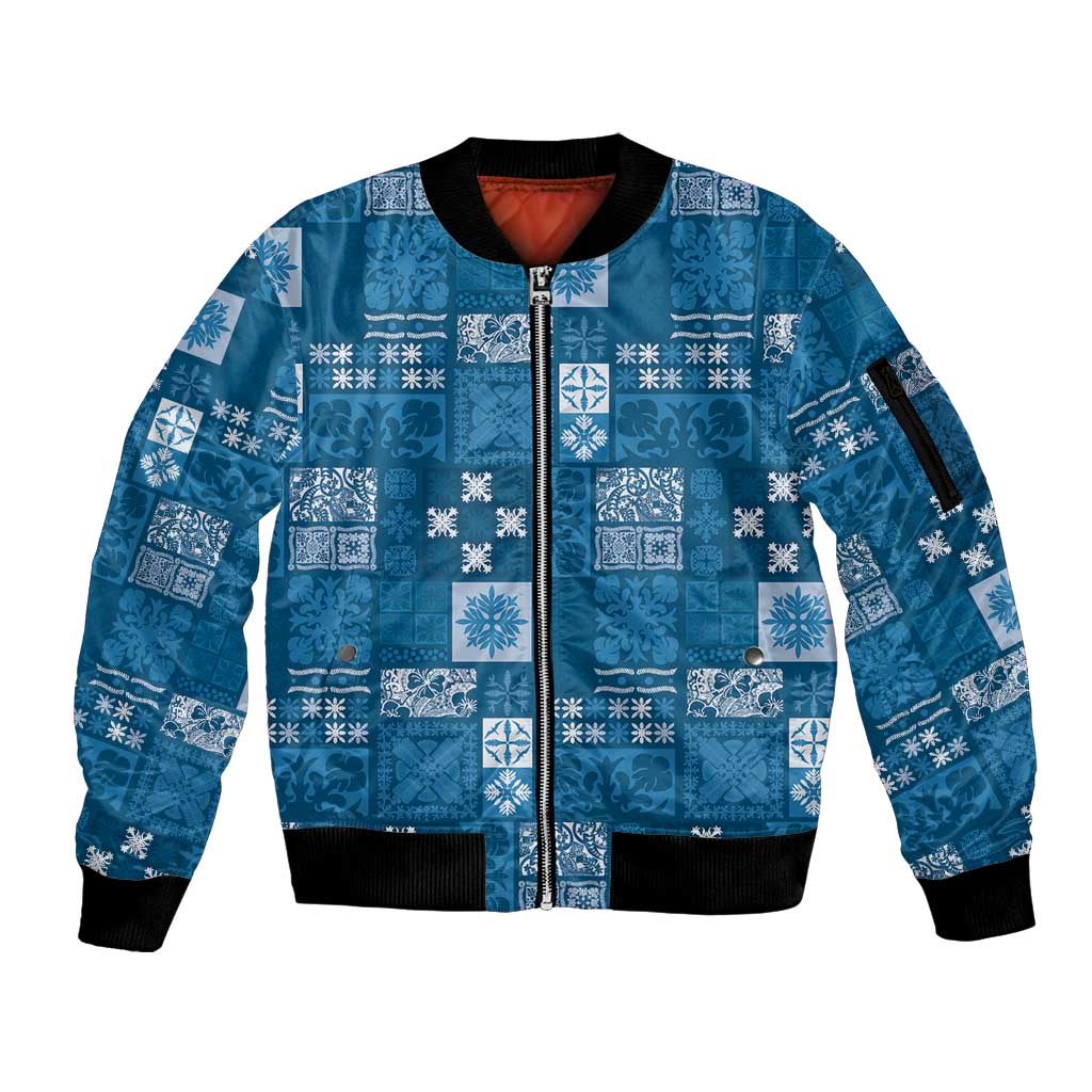 Vintage Hawaiian Quilting Patterns Sleeve Zip Bomber Jacket Blue Style Tribal Fabric Patchwork LT9 Unisex Blue - Polynesian Pride