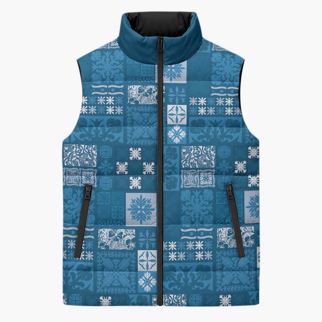 Vintage Hawaiian Quilting Patterns Sleeveless Puffer Jacket Blue Style Tribal Fabric Patchwork LT9 Unisex Blue - Polynesian Pride