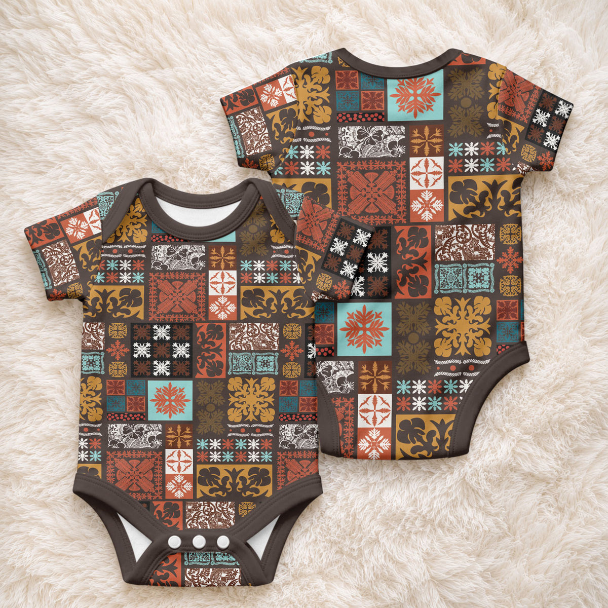 Vintage Hawaiian Quilting Patterns Baby Onesie Brown Style Tribal Fabric Patchwork LT9 - Polynesian Pride