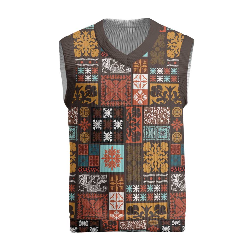 Vintage Hawaiian Quilting Patterns Christmas Knitted V-Neck Vest Brown Style Tribal Fabric Patchwork LT9 Brown - Polynesian Pride