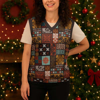 Vintage Hawaiian Quilting Patterns Christmas Knitted V-Neck Vest Brown Style Tribal Fabric Patchwork LT9 - Polynesian Pride