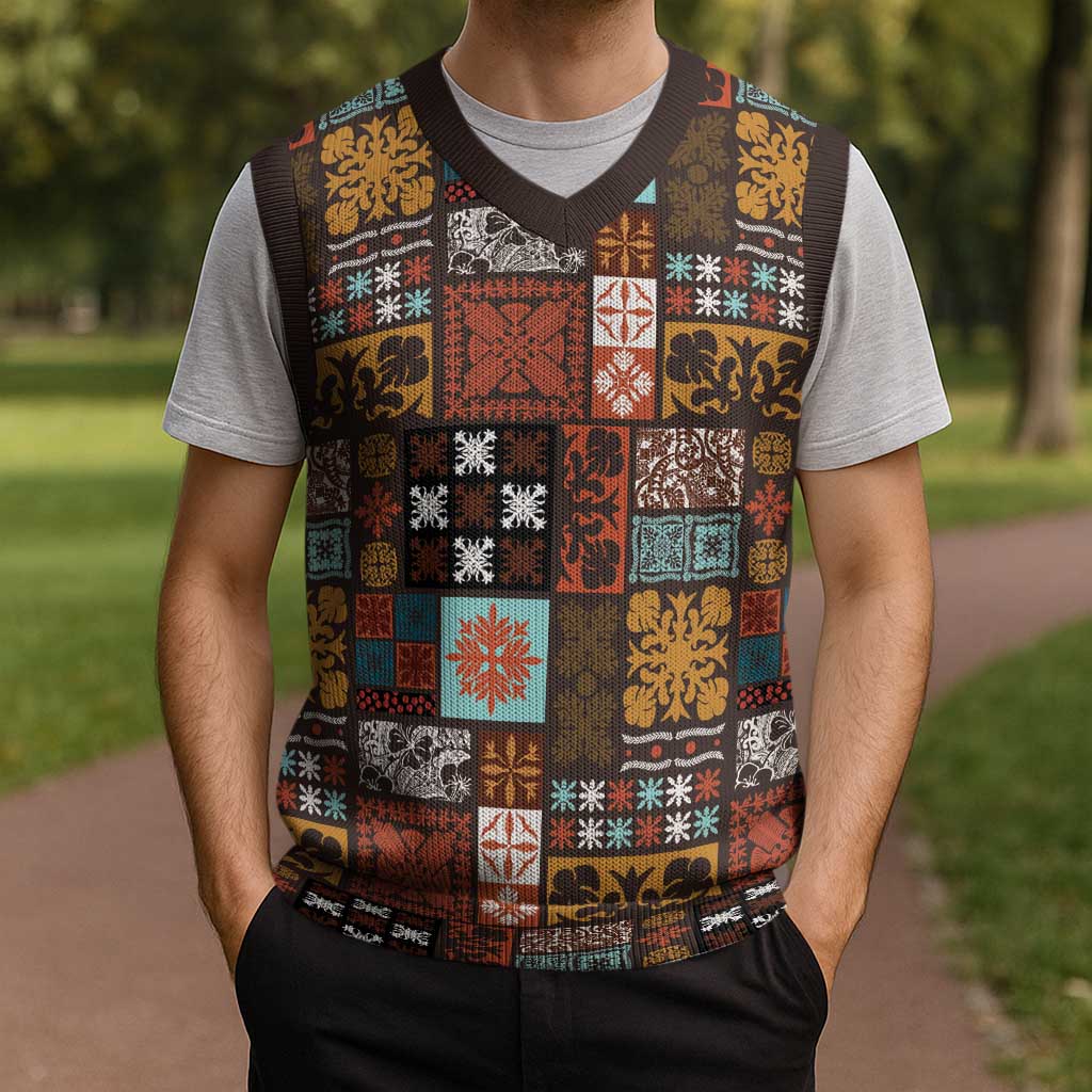 Vintage Hawaiian Quilting Patterns Christmas Knitted V-Neck Vest Brown Style Tribal Fabric Patchwork LT9 - Polynesian Pride