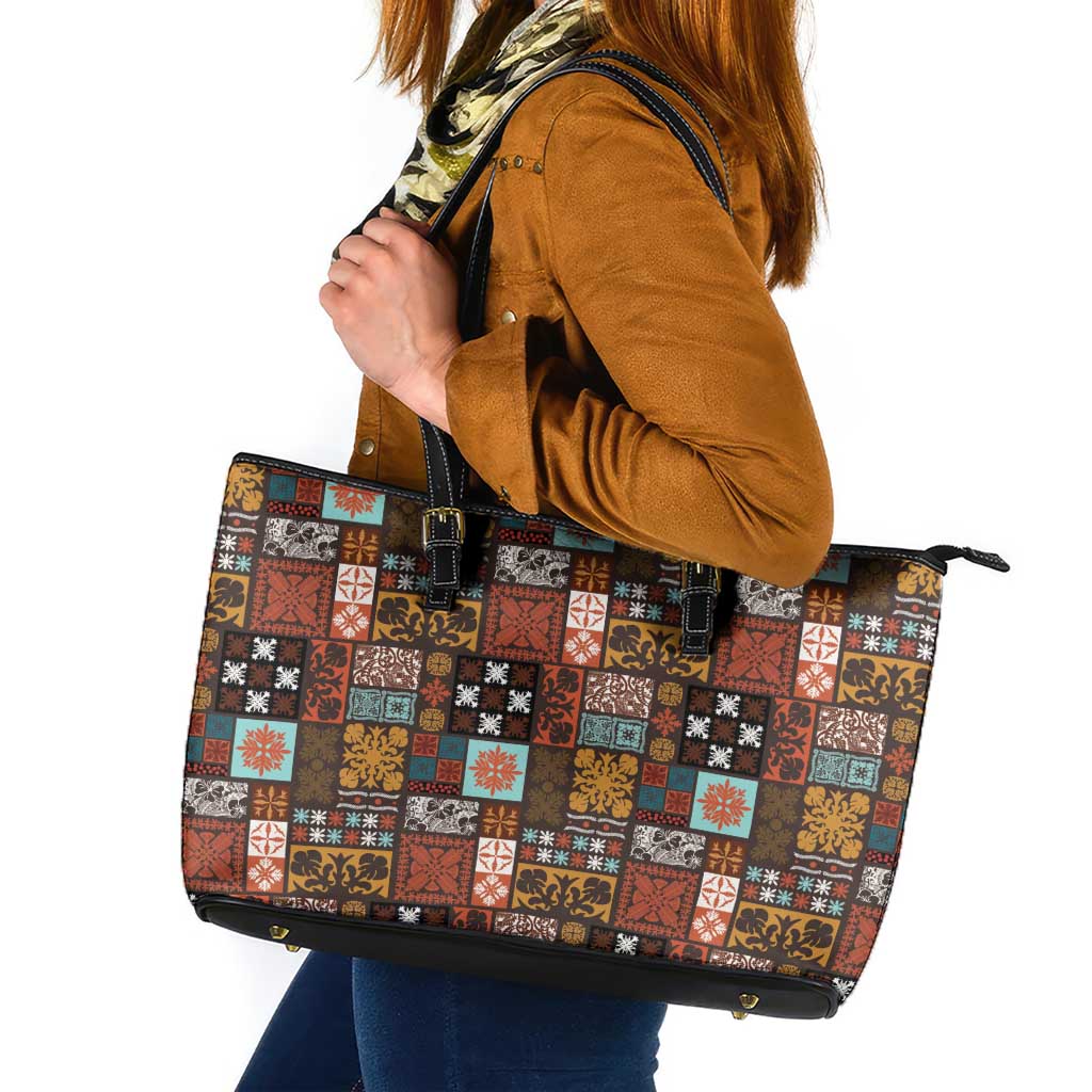 Vintage Hawaiian Quilting Patterns Leather Tote Bag Brown Style Tribal Fabric Patchwork LT9 Brown - Polynesian Pride