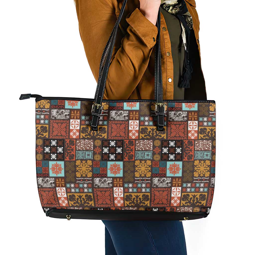 Vintage Hawaiian Quilting Patterns Leather Tote Bag Brown Style Tribal Fabric Patchwork LT9 - Polynesian Pride