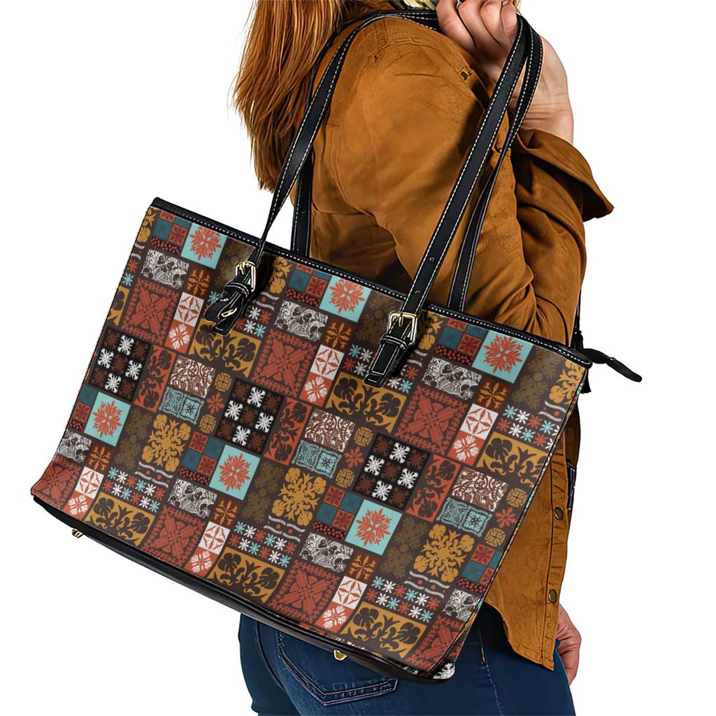 Vintage Hawaiian Quilting Patterns Leather Tote Bag Brown Style Tribal Fabric Patchwork LT9 - Polynesian Pride