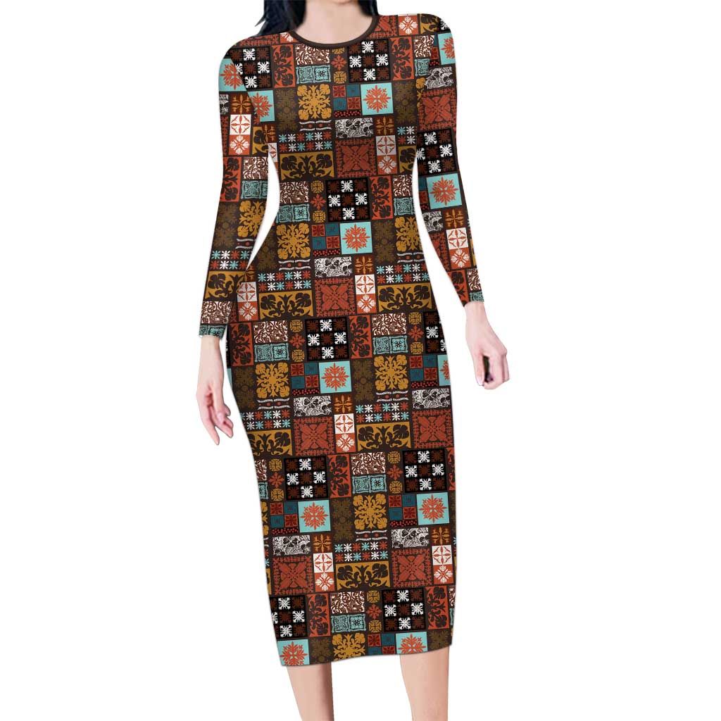 Vintage Hawaiian Quilting Patterns Long Sleeve Bodycon Dress Brown Style Tribal Fabric Patchwork LT9 Long Dress Brown - Polynesian Pride