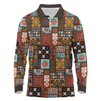 Vintage Hawaiian Quilting Patterns Long Sleeve Polo Shirt Brown Style Tribal Fabric Patchwork LT9 Brown - Polynesian Pride