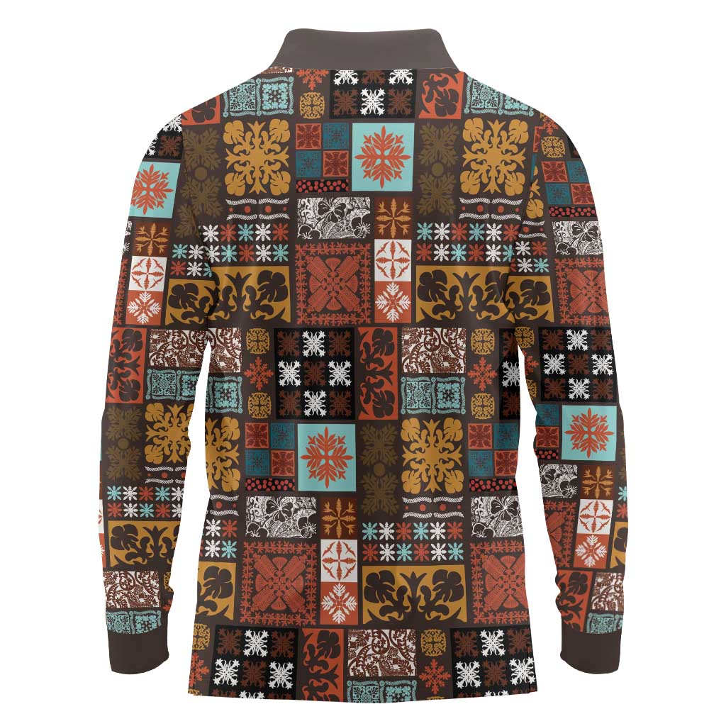 Vintage Hawaiian Quilting Patterns Long Sleeve Polo Shirt Brown Style Tribal Fabric Patchwork LT9 - Polynesian Pride