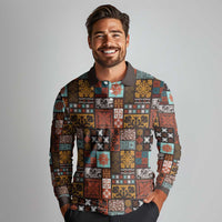 Vintage Hawaiian Quilting Patterns Long Sleeve Polo Shirt Brown Style Tribal Fabric Patchwork LT9 - Polynesian Pride