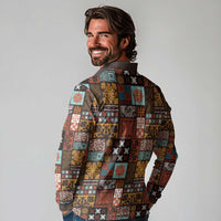 Vintage Hawaiian Quilting Patterns Long Sleeve Polo Shirt Brown Style Tribal Fabric Patchwork LT9 - Polynesian Pride