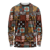 Vintage Hawaiian Quilting Patterns Long Sleeve Shirt Brown Style Tribal Fabric Patchwork LT9 Unisex Brown - Polynesian Pride
