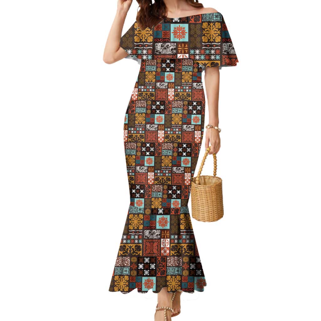Vintage Hawaiian Quilting Patterns Mermaid Dress Brown Style Tribal Fabric Patchwork LT9 Women Brown - Polynesian Pride