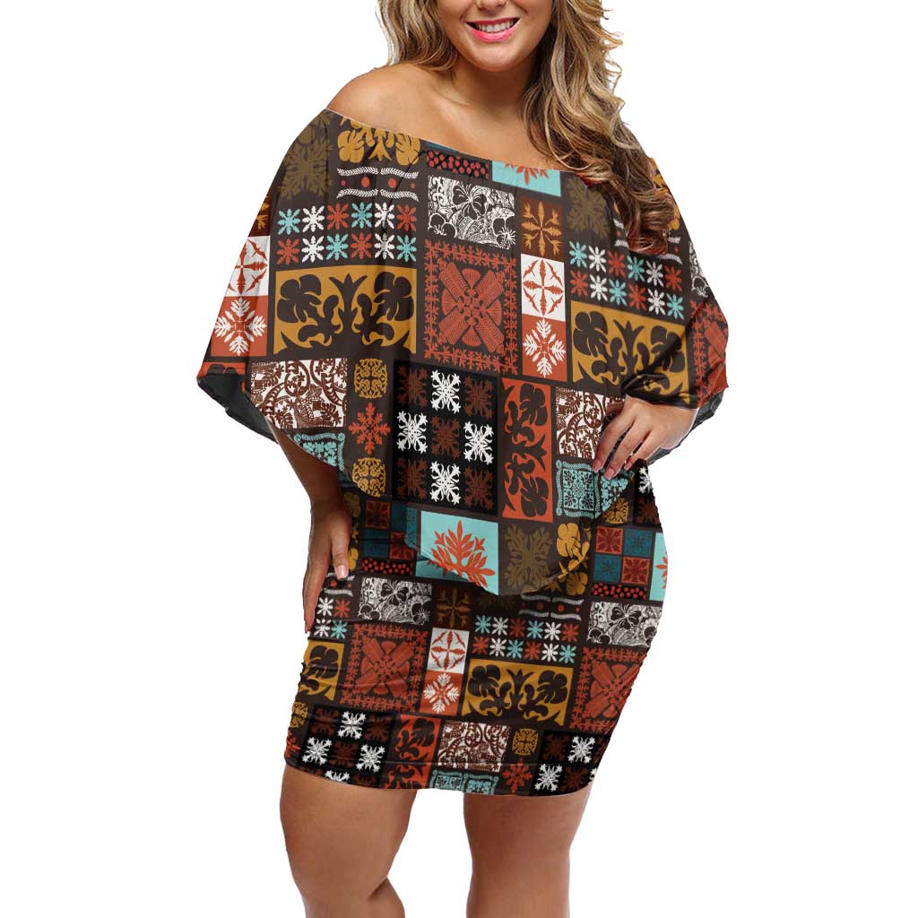 Vintage Hawaiian Quilting Patterns Off Shoulder Short Dress Brown Style Tribal Fabric Patchwork LT9 Women Brown - Polynesian Pride