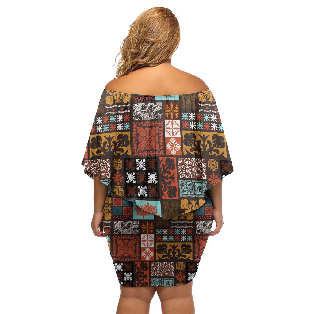 Vintage Hawaiian Quilting Patterns Off Shoulder Short Dress Brown Style Tribal Fabric Patchwork LT9 - Polynesian Pride