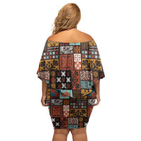 Vintage Hawaiian Quilting Patterns Off Shoulder Short Dress Brown Style Tribal Fabric Patchwork LT9 - Polynesian Pride