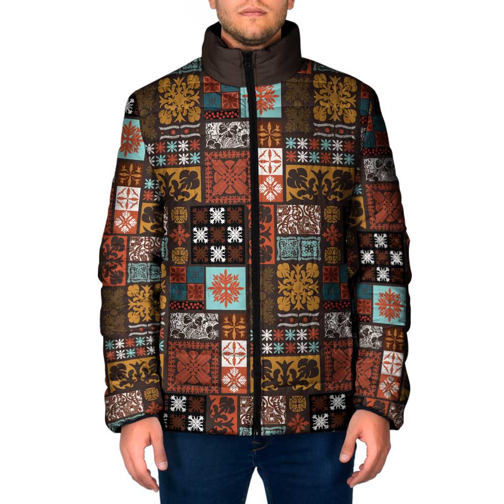 Vintage Hawaiian Quilting Patterns Padded Jacket Brown Style Tribal Fabric Patchwork LT9 Men Brown - Polynesian Pride