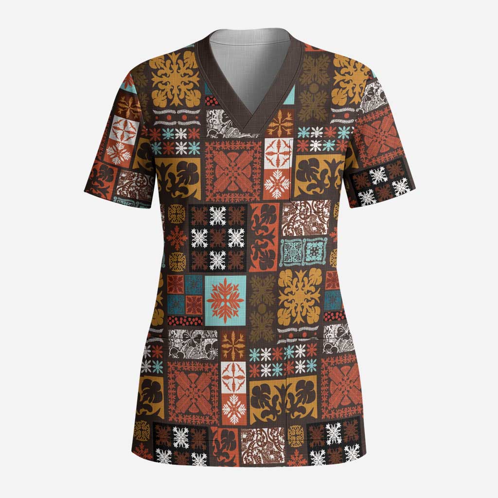 Vintage Hawaiian Quilting Patterns Scrub Top Brown Style Tribal Fabric Patchwork LT9 Adult Brown - Polynesian Pride