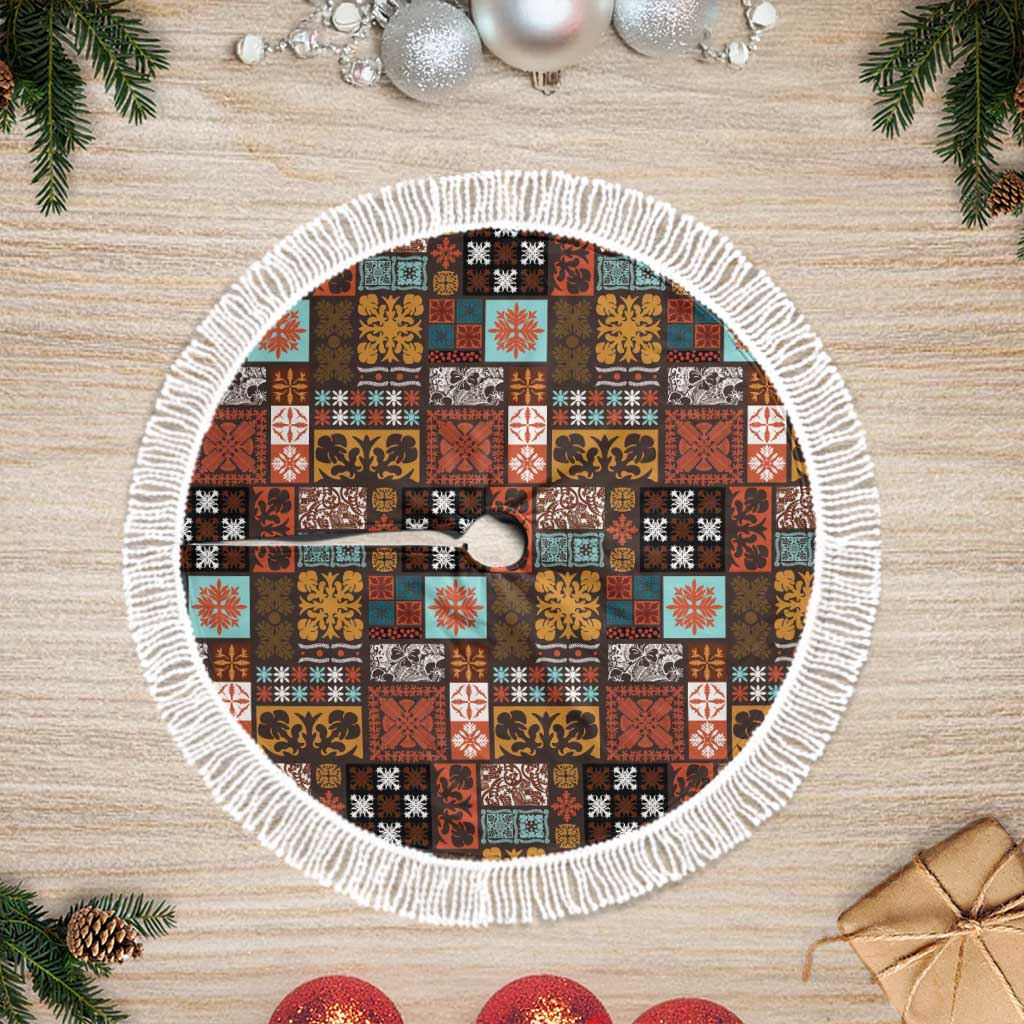 Vintage Hawaiian Quilting Patterns Tree Skirt Brown Style Tribal Fabric Patchwork LT9 Fringed Brown - Polynesian Pride