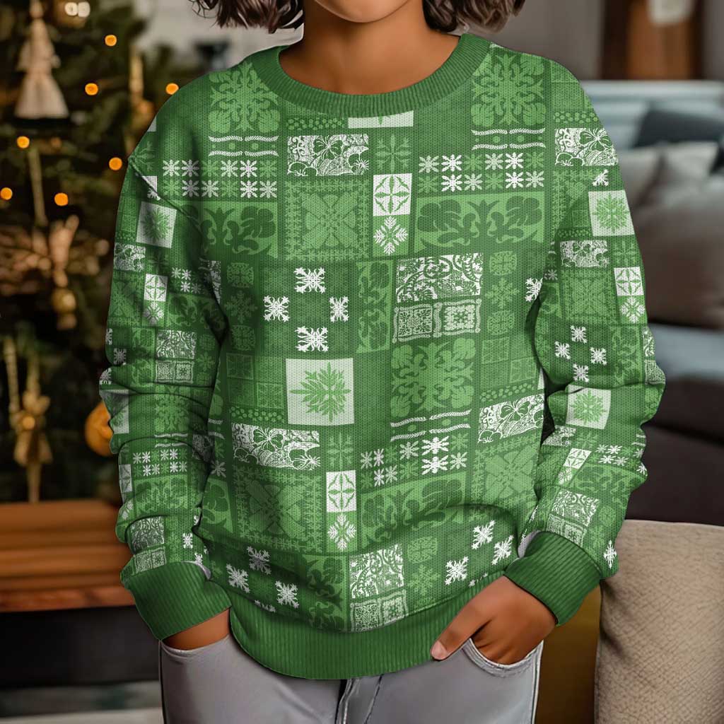 Vintage Hawaiian Quilting Patterns Kid Ugly Christmas Sweater Green Style Tribal Fabric Patchwork LT9 - Polynesian Pride
