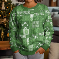 Vintage Hawaiian Quilting Patterns Kid Ugly Christmas Sweater Green Style Tribal Fabric Patchwork LT9 - Polynesian Pride