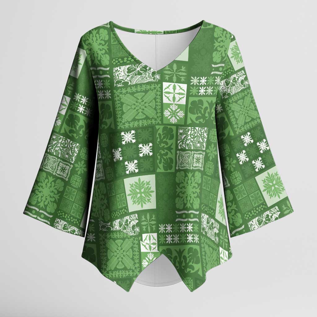 Vintage Hawaiian Quilting Patterns Kimono Sleeve Blouse Green Style Tribal Fabric Patchwork LT9 Female Green - Polynesian Pride