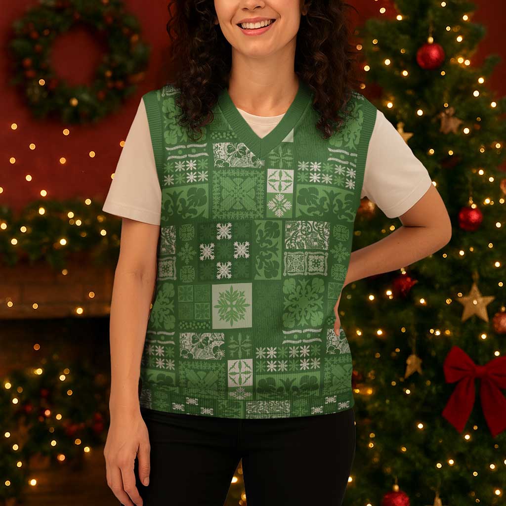 Vintage Hawaiian Quilting Patterns Christmas Knitted V-Neck Vest Green Style Tribal Fabric Patchwork LT9 - Polynesian Pride