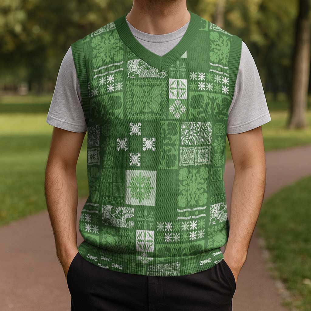 Vintage Hawaiian Quilting Patterns Christmas Knitted V-Neck Vest Green Style Tribal Fabric Patchwork LT9 - Polynesian Pride