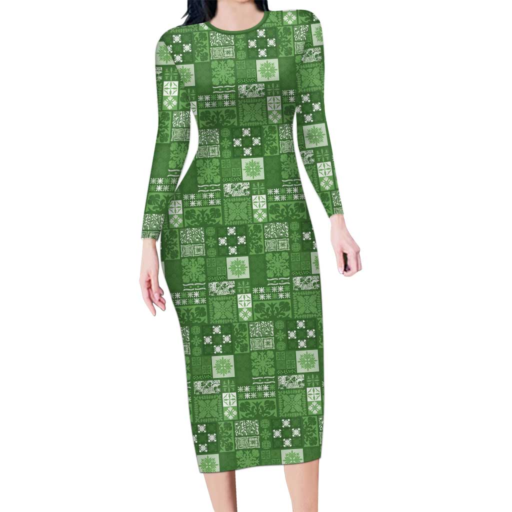 Vintage Hawaiian Quilting Patterns Long Sleeve Bodycon Dress Green Style Tribal Fabric Patchwork LT9 Long Dress Green - Polynesian Pride