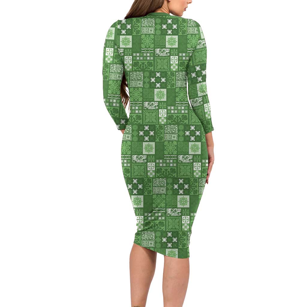 Vintage Hawaiian Quilting Patterns Long Sleeve Bodycon Dress Green Style Tribal Fabric Patchwork LT9 - Polynesian Pride